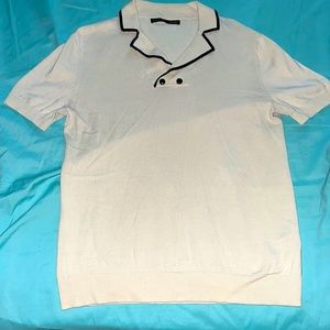 Zara mens polo shirt, cream and trimmed in navy blue